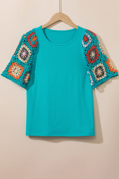 Turquoise Floral Crochet Lace Short Sleeve Top
