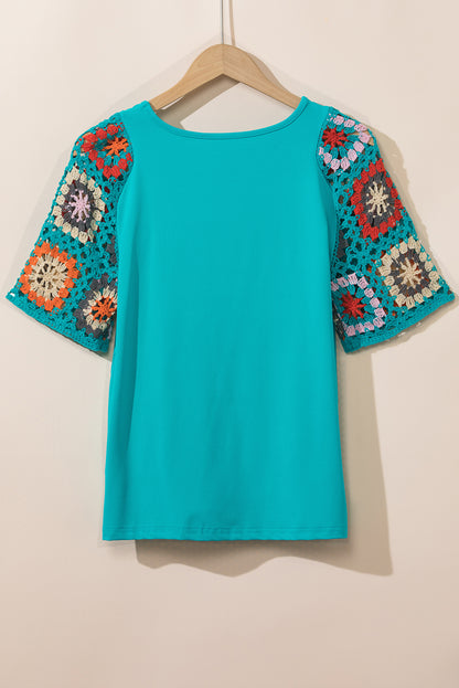 Turquoise Floral Crochet Lace Short Sleeve Top