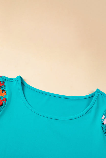Turquoise Floral Crochet Lace Short Sleeve Top