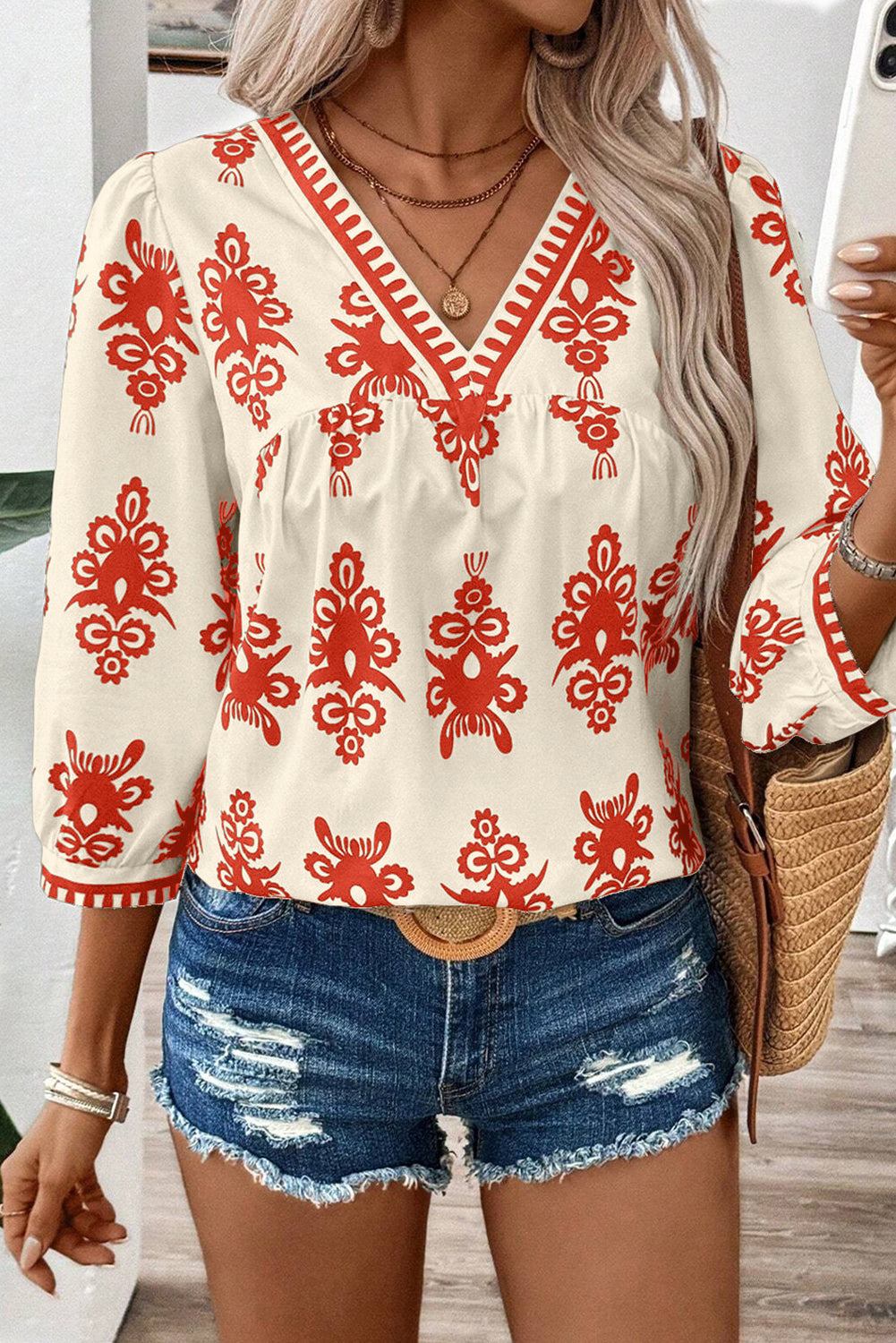 Geometric Print V-Neck Blouse - 3/4 Sleeve in Beige/Black or Beige/Orange