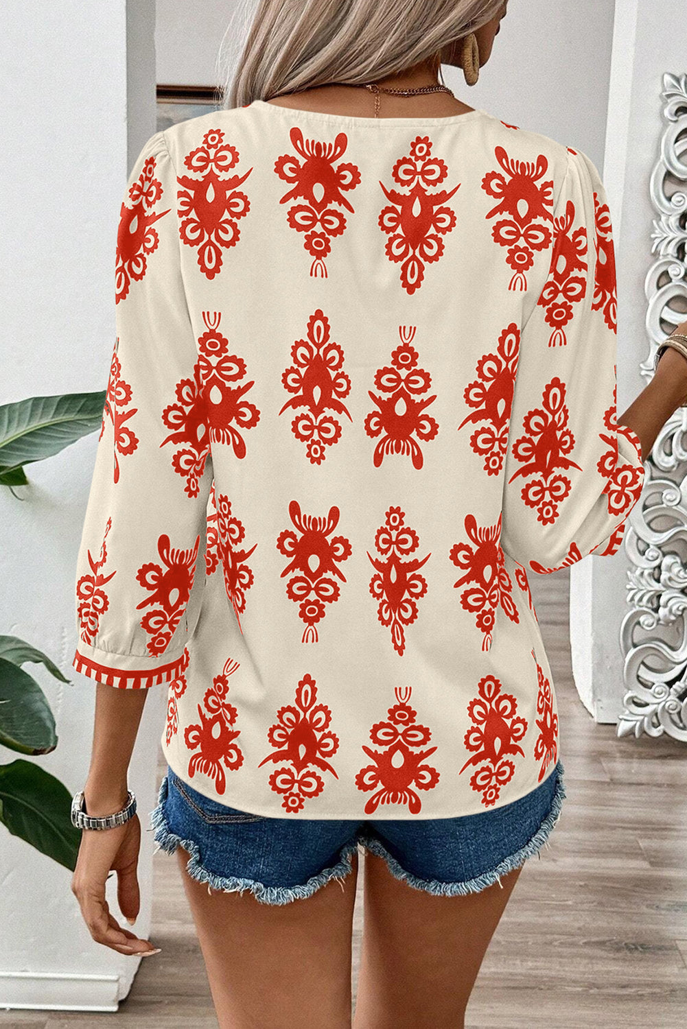 Geometric Print V-Neck Blouse - 3/4 Sleeve in Beige/Black or Beige/Orange