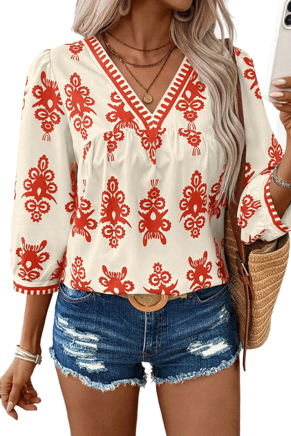 Geometric Print V-Neck Blouse - 3/4 Sleeve in Beige/Black or Beige/Orange
