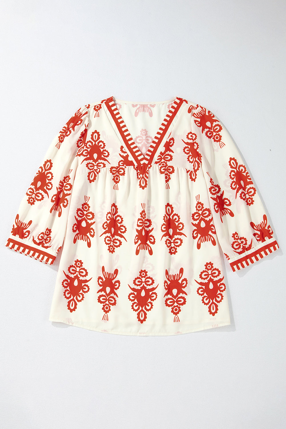 Geometric Print V-Neck Blouse - 3/4 Sleeve in Beige/Black or Beige/Orange