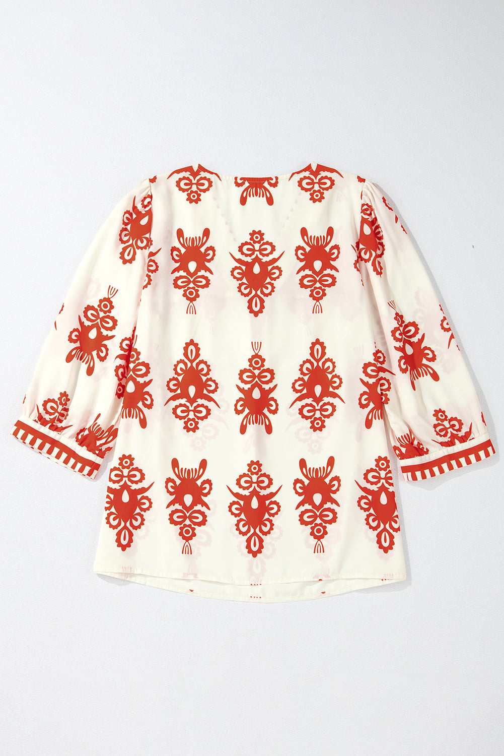 Geometric Print V-Neck Blouse - 3/4 Sleeve in Beige/Black or Beige/Orange