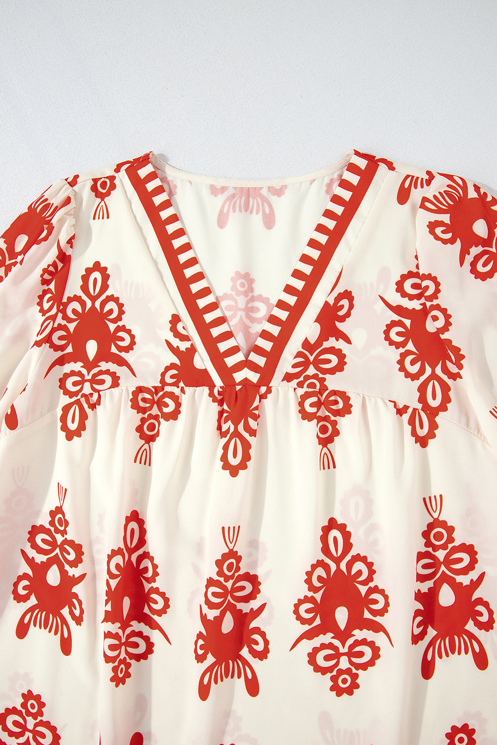 Geometric Print V-Neck Blouse - 3/4 Sleeve in Beige/Black or Beige/Orange