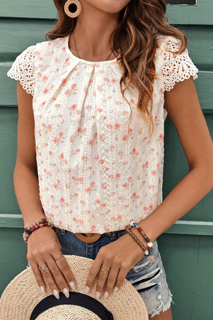 Pink Floral Embroidered Crochet Cap Sleeve Blouse | Women’s Boho Southern Top