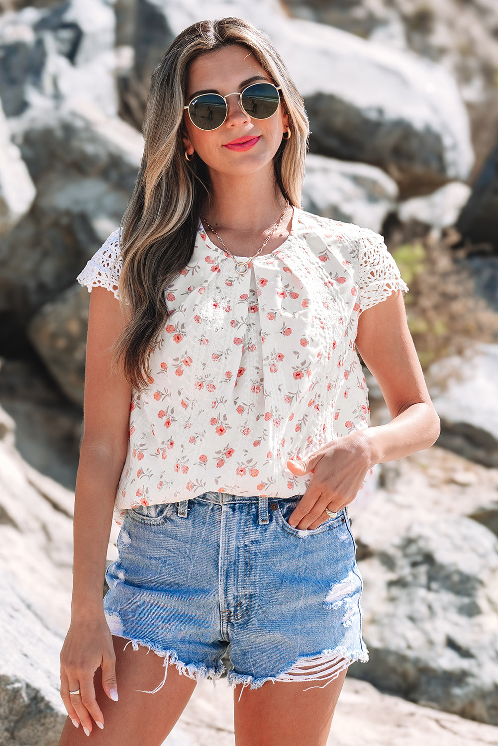 Blush Bloom Embroidered Crochet Blouse – Pink Boho Cap Sleeve Top
