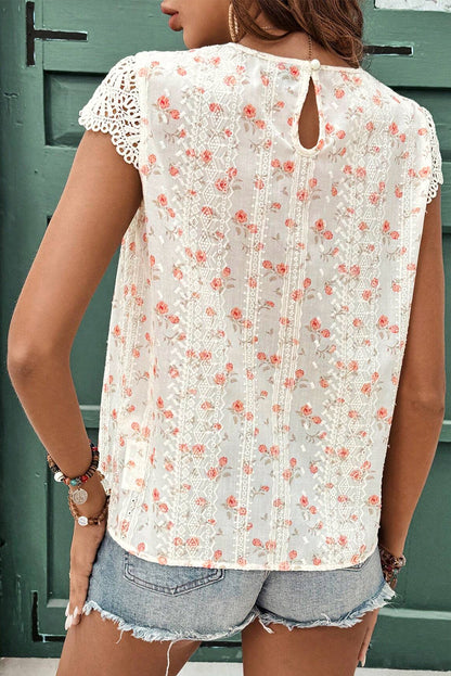 Pink Floral Embroidered Crochet Cap Sleeve Blouse | Women’s Boho Southern Top