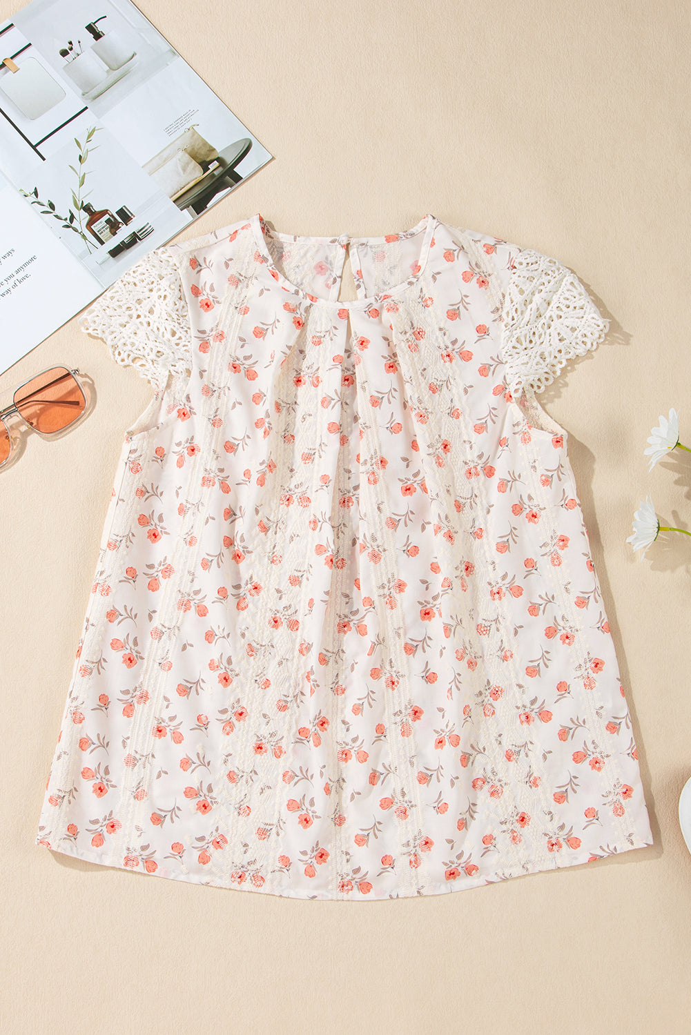 Pink Floral Embroidered Crochet Cap Sleeve Blouse | Women’s Boho Southern Top