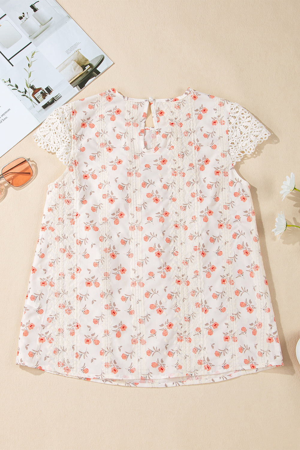 Blush Bloom Embroidered Crochet Blouse – Pink Boho Cap Sleeve Top