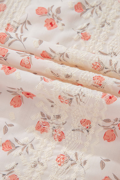 Pink Floral Embroidered Crochet Cap Sleeve Blouse | Women’s Boho Southern Top