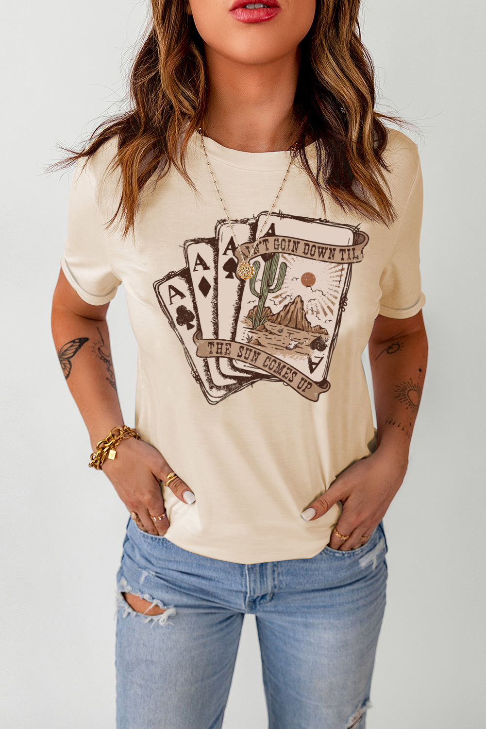 Khaki Western Poker Cards Graphic Tee | Country Concert T-Shirt (S–3XL)