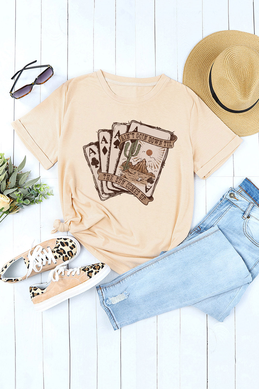Khaki Western Poker Cards Graphic Tee | Country Concert T-Shirt (S–3XL)