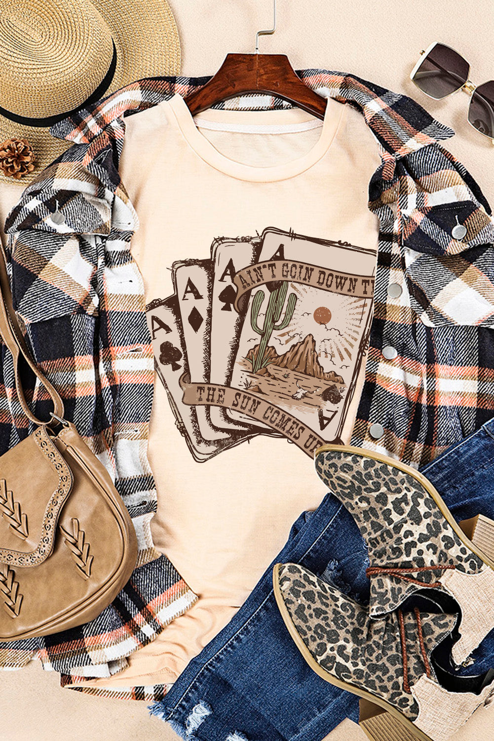 Khaki Western Poker Cards Graphic Tee | Country Concert T-Shirt (S–3XL)