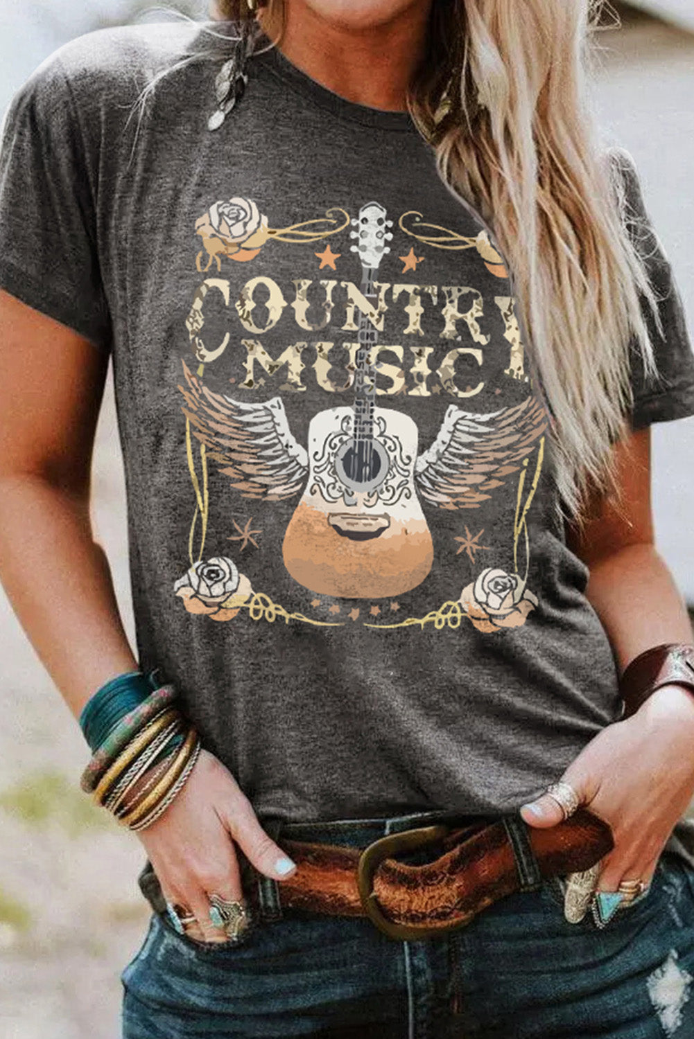 Country Music Guitar Graphic Tee – Gray Short Sleeve Crewneck T-Shirt (S–3XL)
