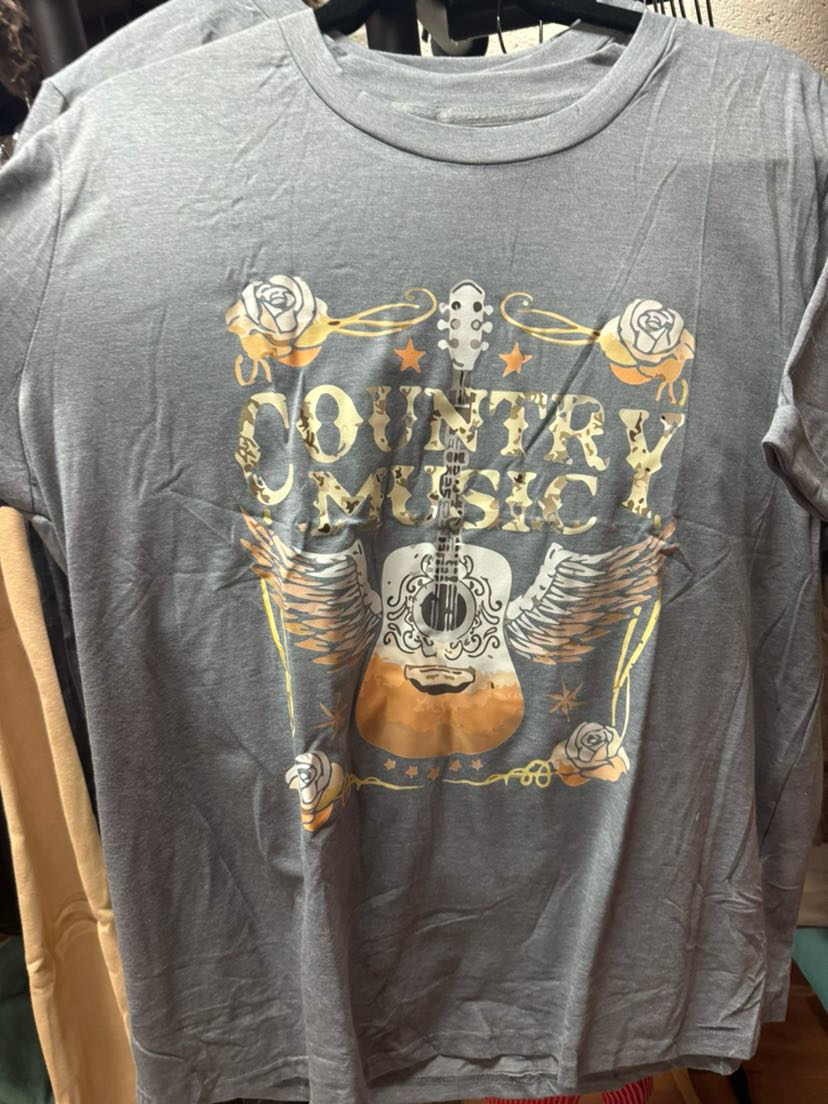 Country Music Guitar Graphic Tee – Gray Short Sleeve Crewneck T-Shirt (S–3XL)