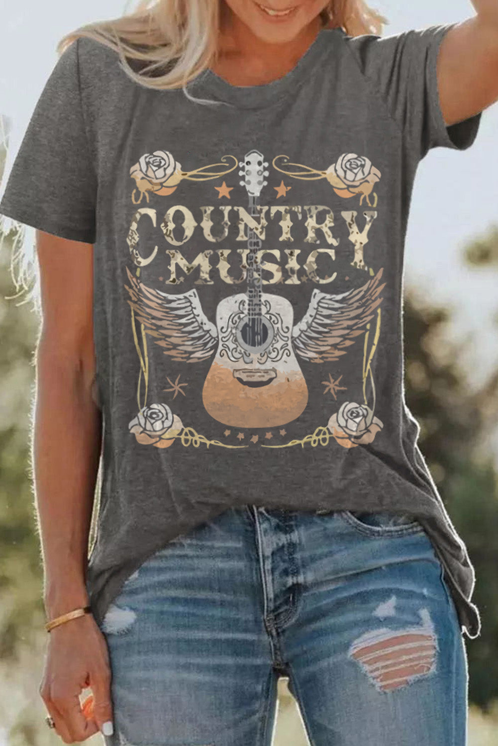 Country Music Guitar Graphic Tee – Gray Short Sleeve Crewneck T-Shirt (S–3XL)