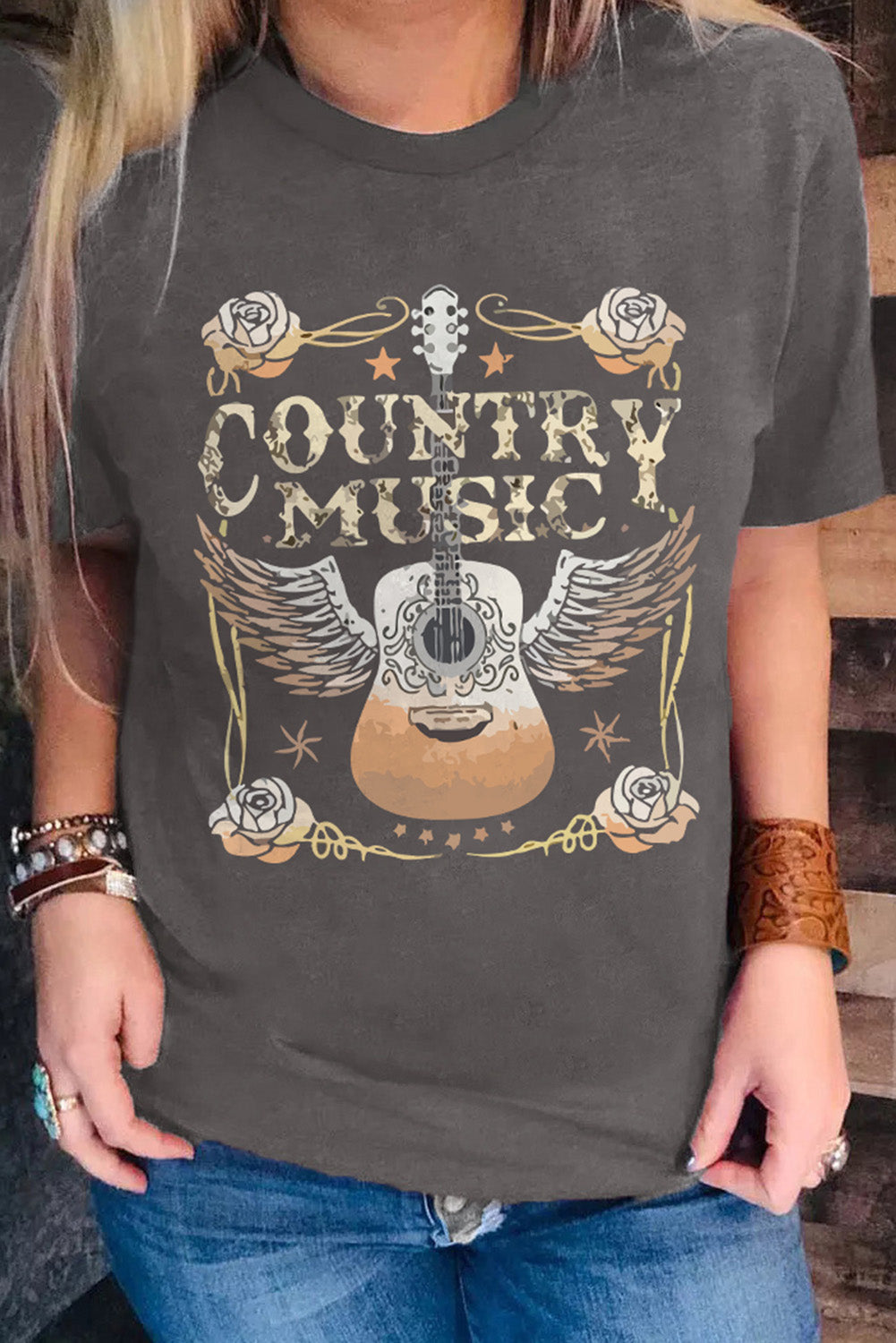 Country Music Guitar Graphic Tee – Gray Short Sleeve Crewneck T-Shirt (S–3XL)