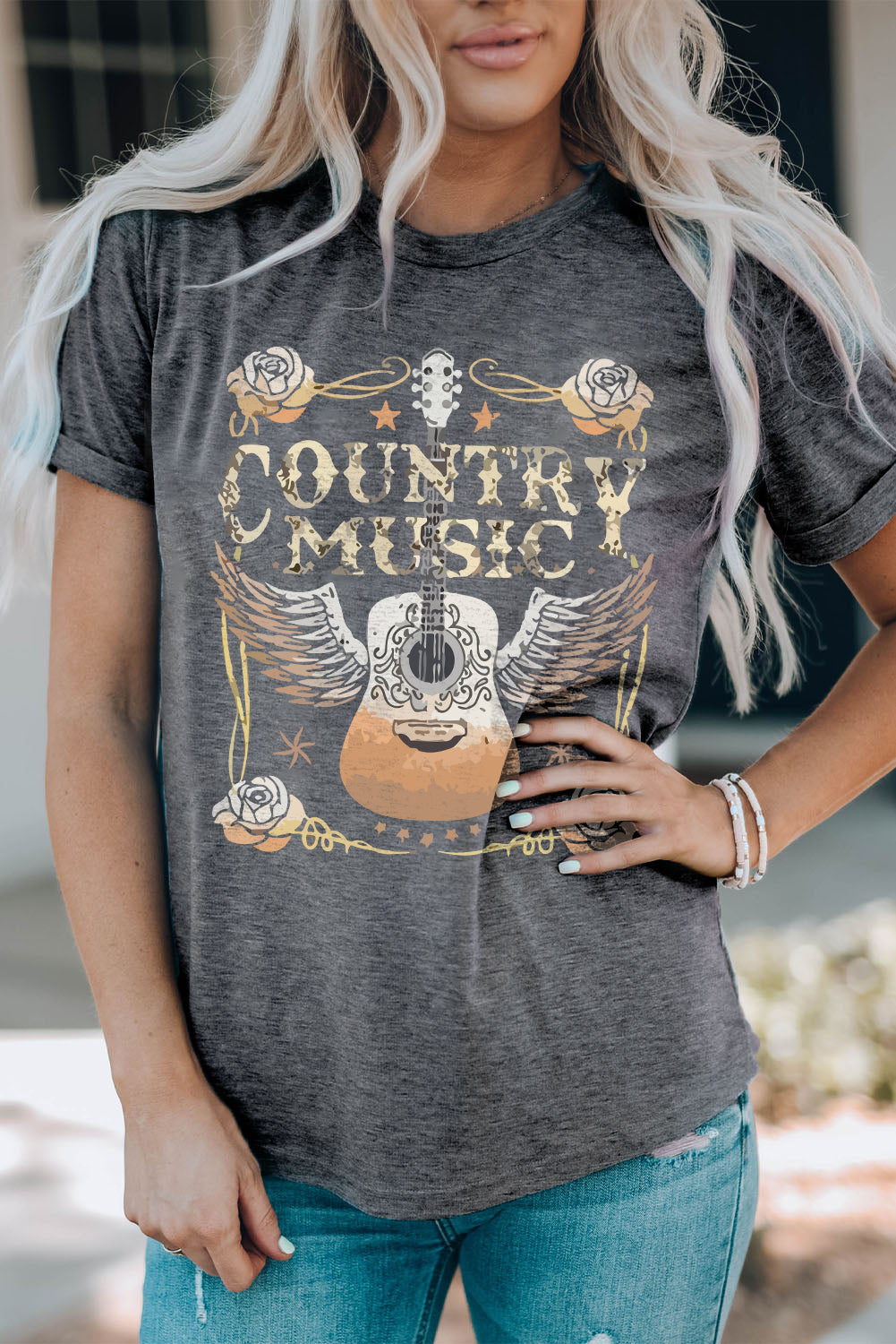 Country Music Guitar Graphic Tee – Gray Short Sleeve Crewneck T-Shirt (S–3XL)