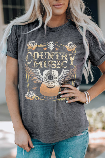 Country Music Guitar Graphic Tee – Gray Short Sleeve Crewneck T-Shirt (S–3XL)