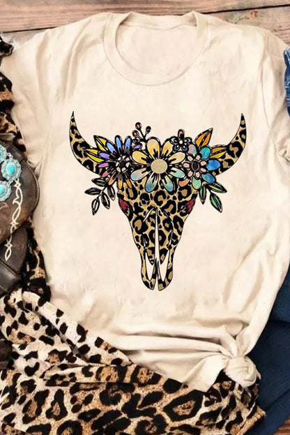 Wild West Khaki Leopard Bull Skull Graphic Print Tee