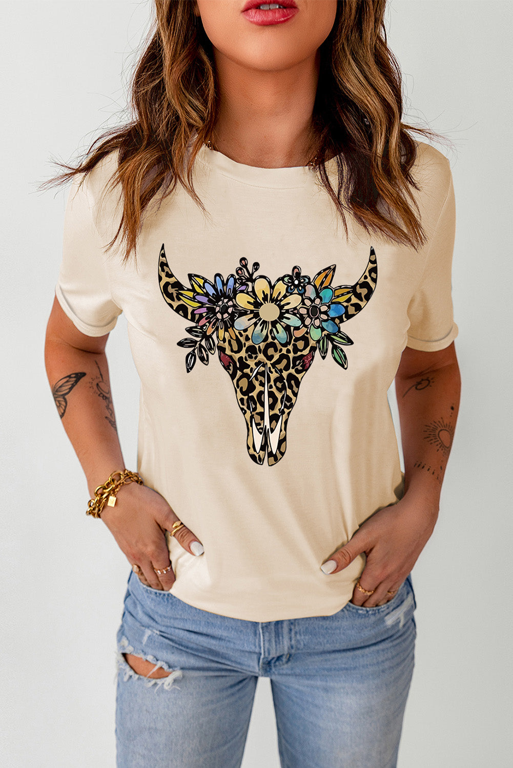 Wild West Khaki Leopard Bull Skull Graphic Print Tee