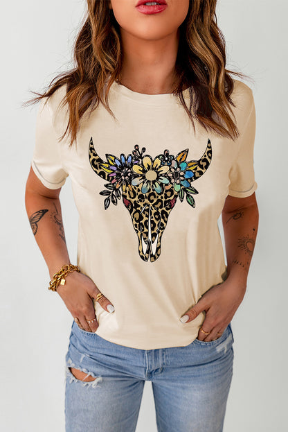 Wild West Khaki Leopard Bull Skull Graphic Print Tee