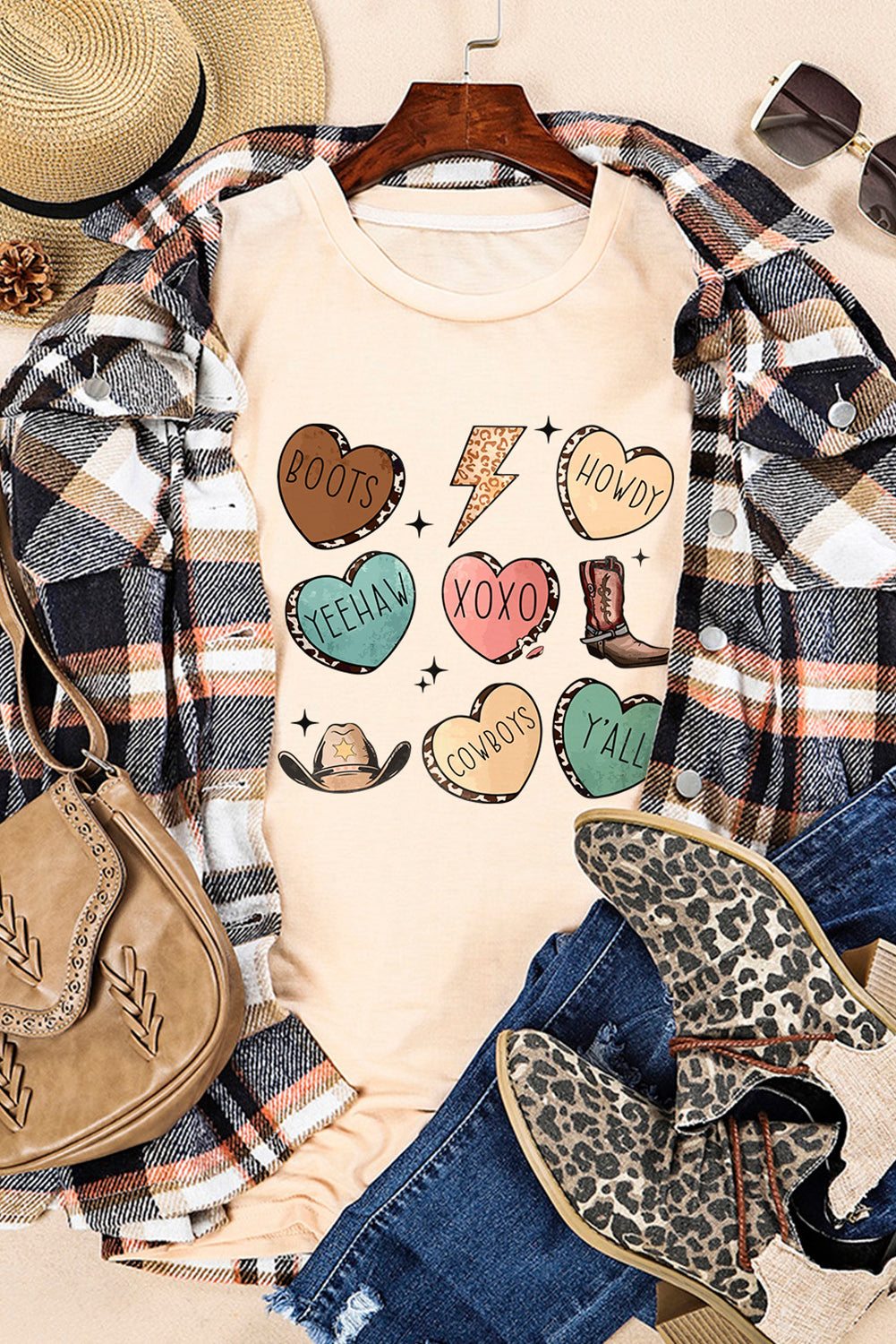 Khaki Western Graphic Tee with Leopard & Lightning Heart Design