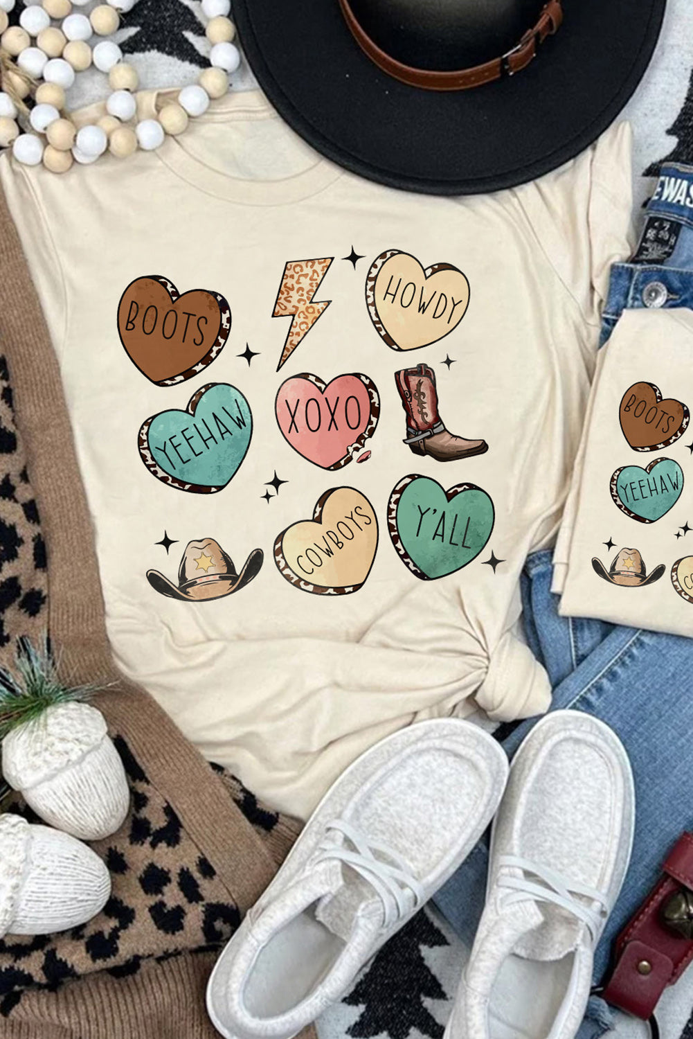 Khaki Western Graphic Tee with Leopard & Lightning Heart Design