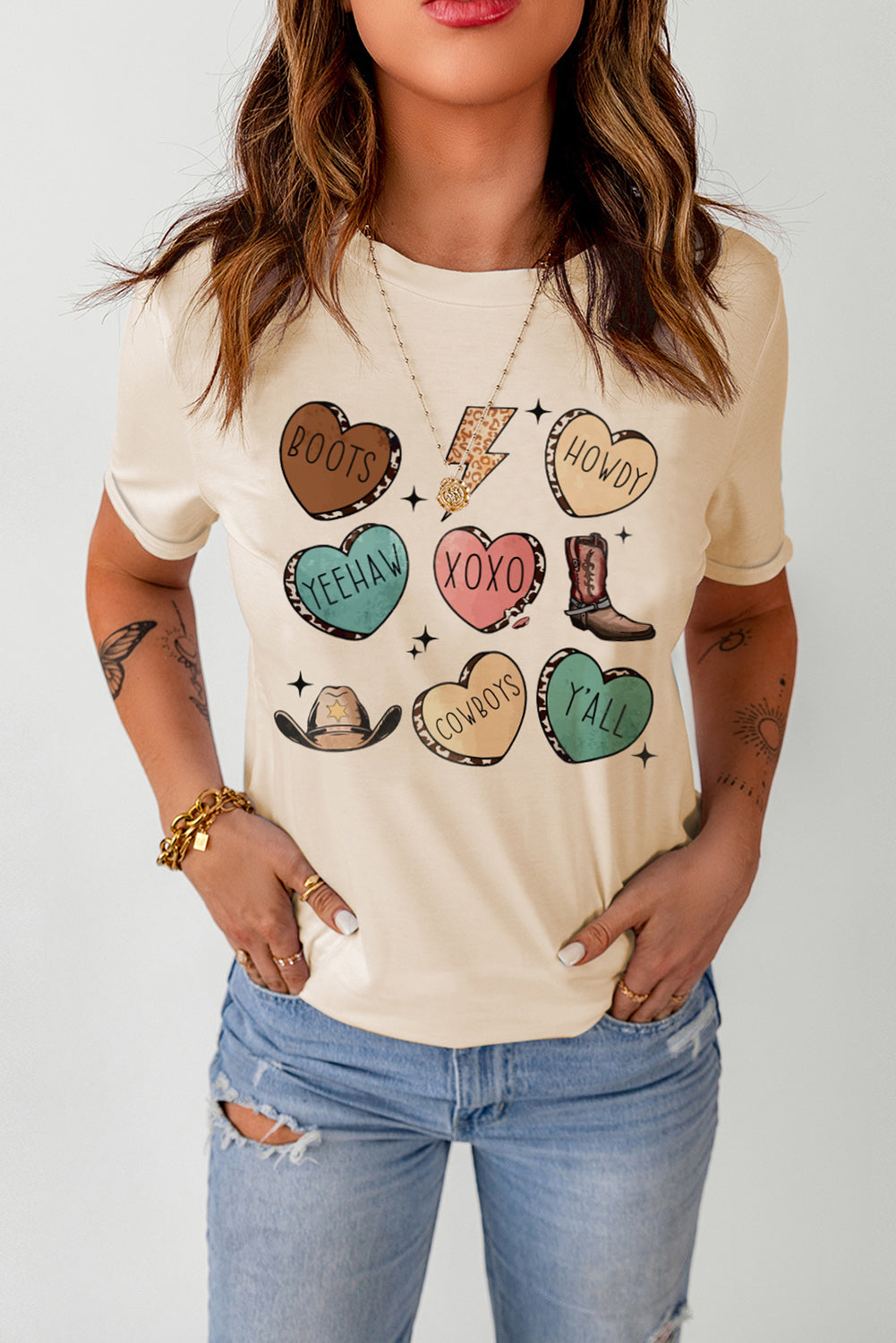 Khaki Western Graphic Tee with Leopard & Lightning Heart Design