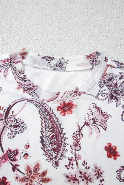 White Vintage Paisley Mock Neck T-Shirt – Retro Western Chic
