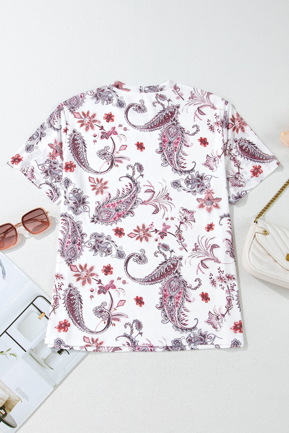 White Vintage Paisley Mock Neck T-Shirt – Retro Western Chic