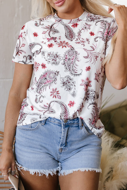 White Vintage Paisley Mock Neck T-Shirt – Retro Western Chic