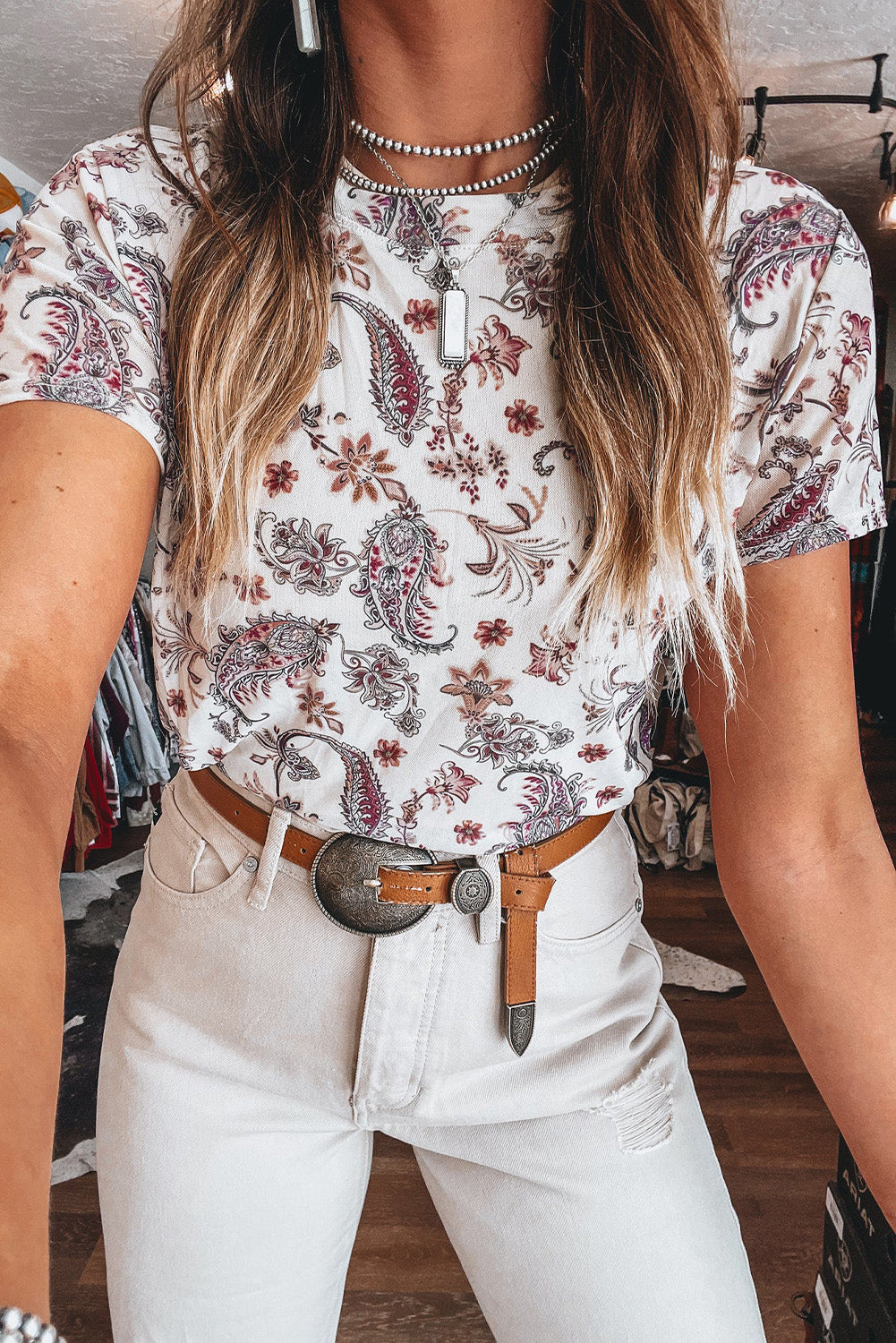 White Vintage Paisley Mock Neck T-Shirt – Retro Western Chic
