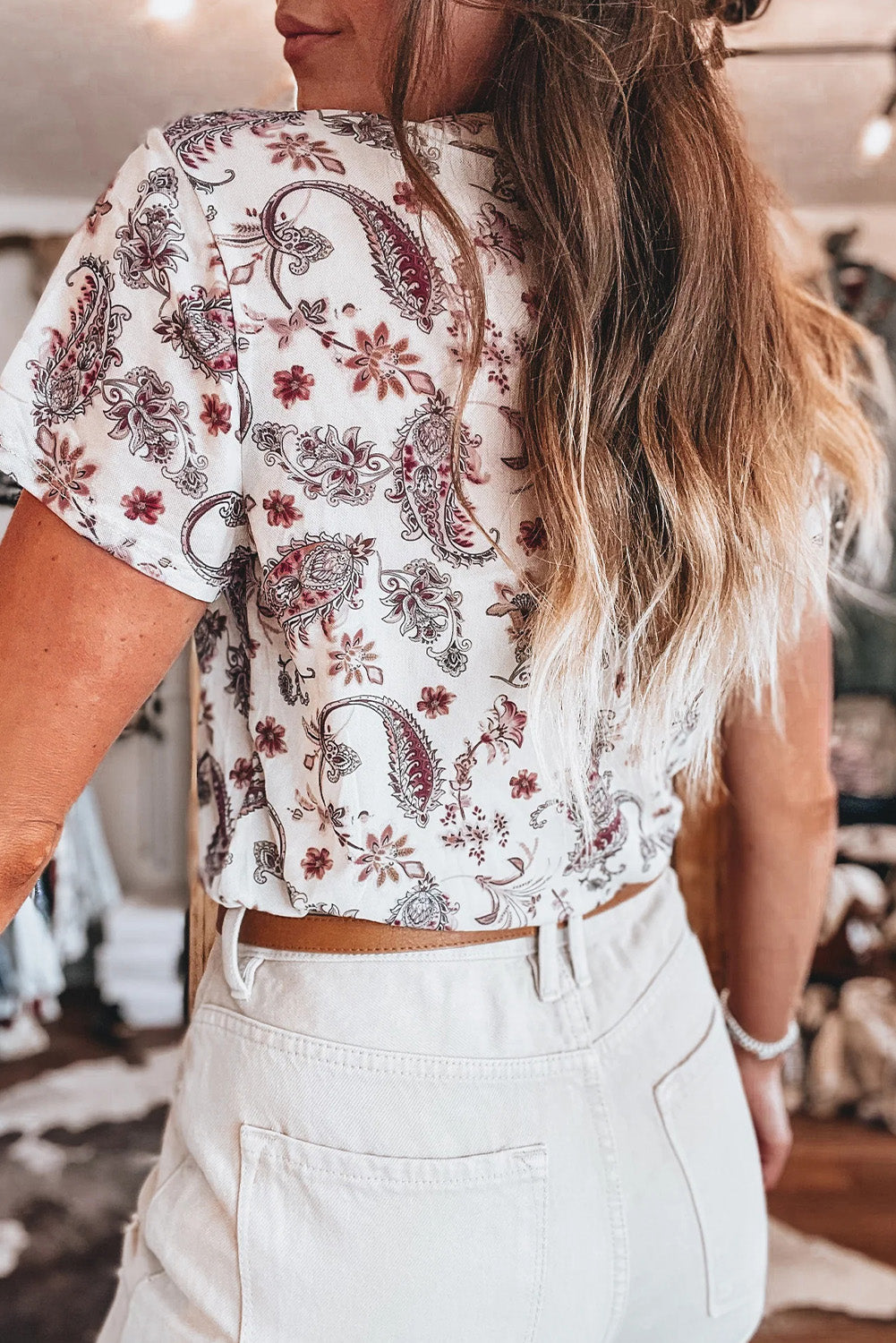 White Vintage Paisley Mock Neck T-Shirt – Retro Western Chic
