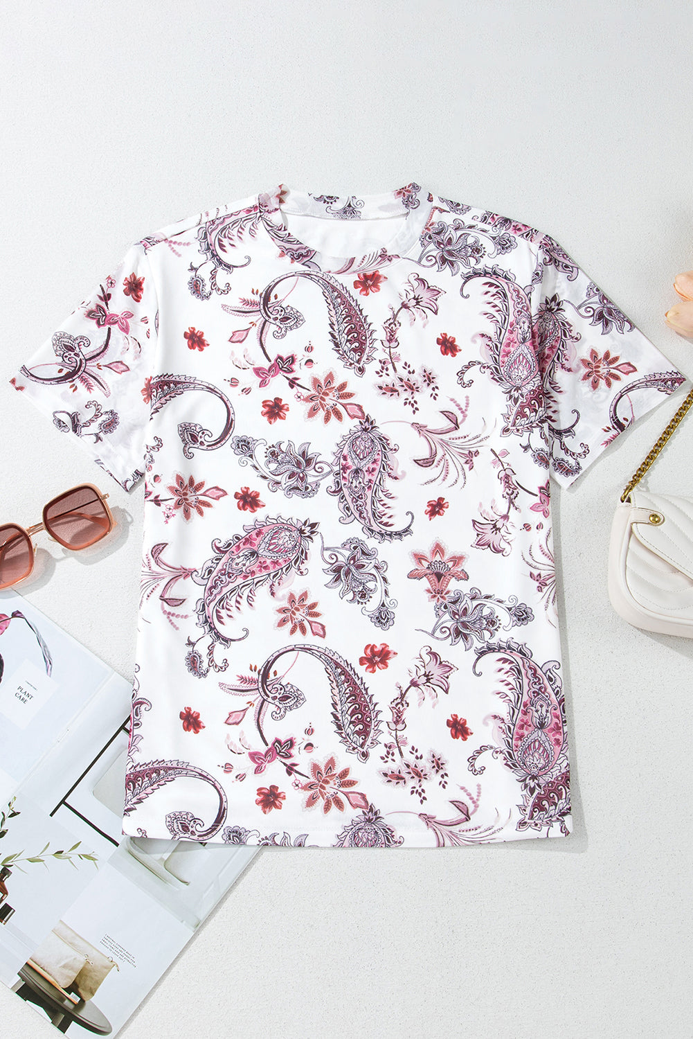White Vintage Paisley Mock Neck T-Shirt – Retro Western Chic