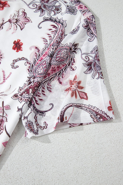 White Vintage Paisley Mock Neck T-Shirt – Retro Western Chic