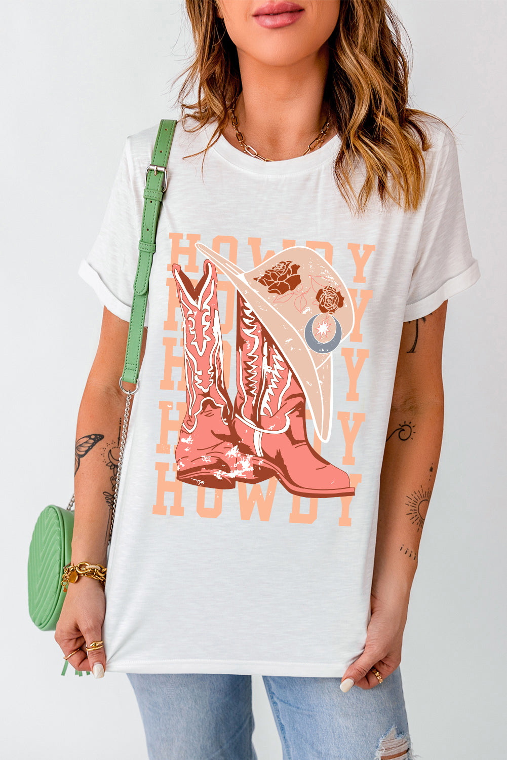 White HOWDY Cowboy Boots Graphic Crew Neck T-Shirt – Western Graphic Tee