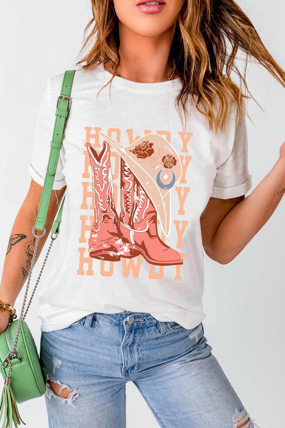 White HOWDY Cowboy Boots Graphic Crew Neck T-Shirt – Western Graphic Tee