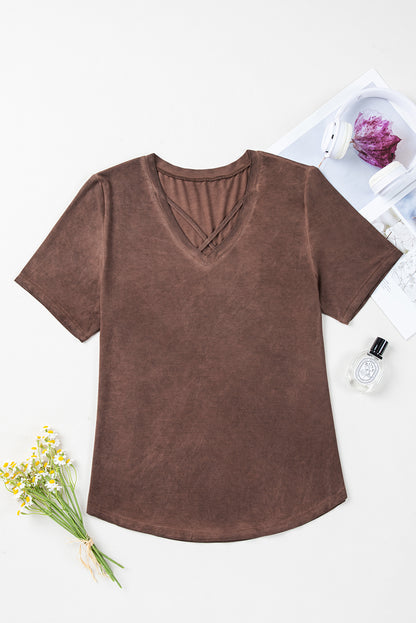 Chestnut Mineral Wash Criss Cross V-Neck Casual T-Shirt | Women’s Western Inspired Top