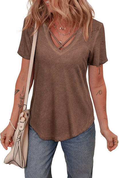 Chestnut Mineral Wash Criss Cross V-Neck Casual T-Shirt | Women’s Western Inspired Top