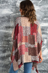 Red Leopard Color Block Open Front Kimono