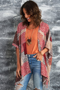 Red Leopard Color Block Open Front Kimono