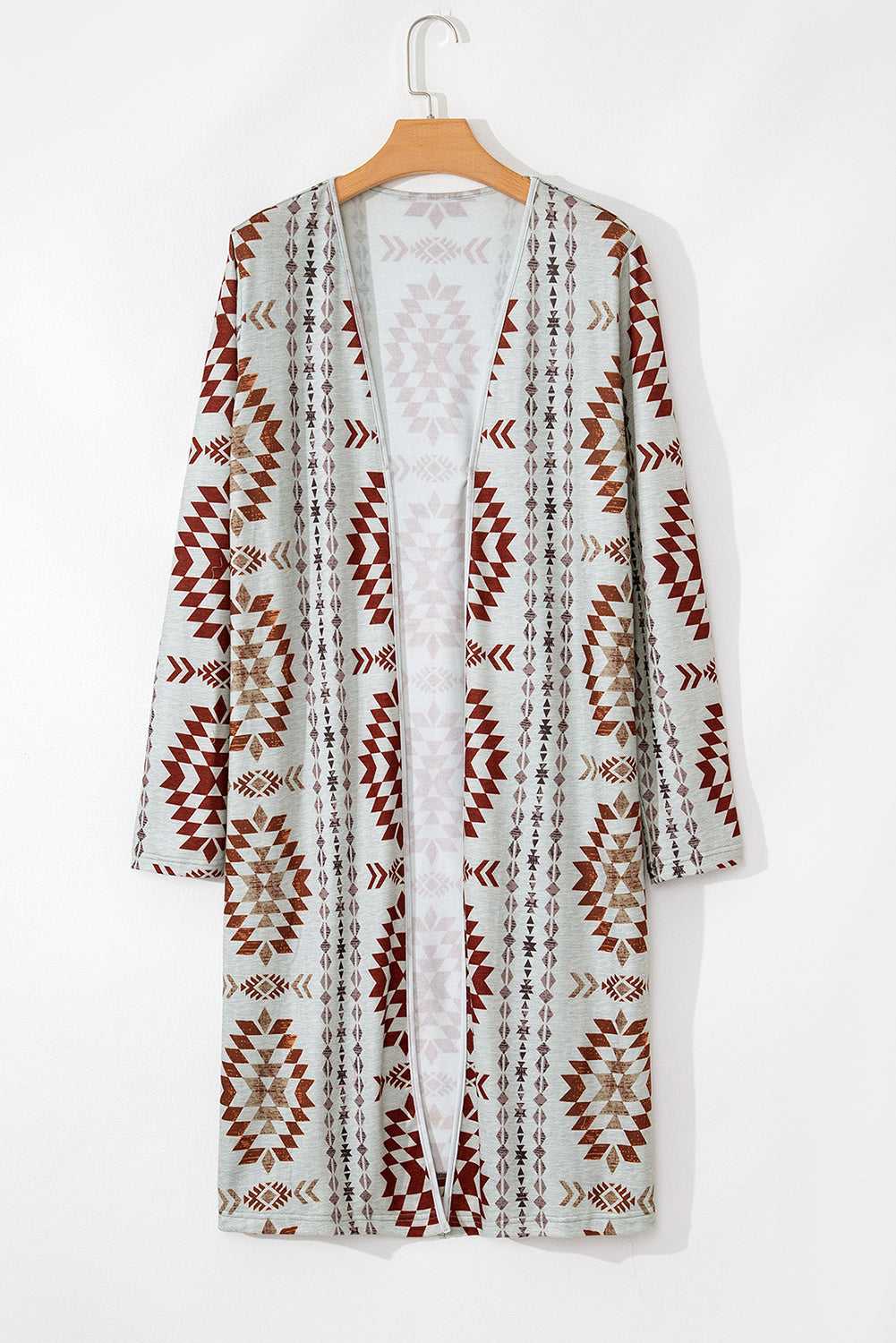 Brown Western Aztec Print Open Front Longline Cardigan – Western Boho Layering Piece