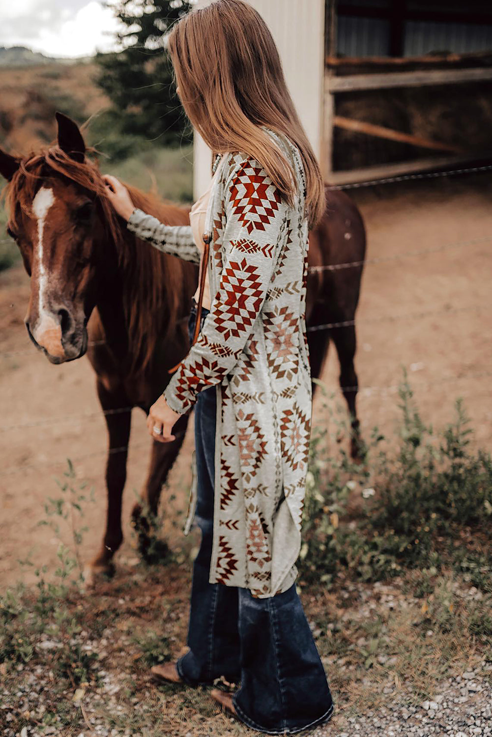 Brown Western Aztec Print Open Front Longline Cardigan – Western Boho Layering Piece