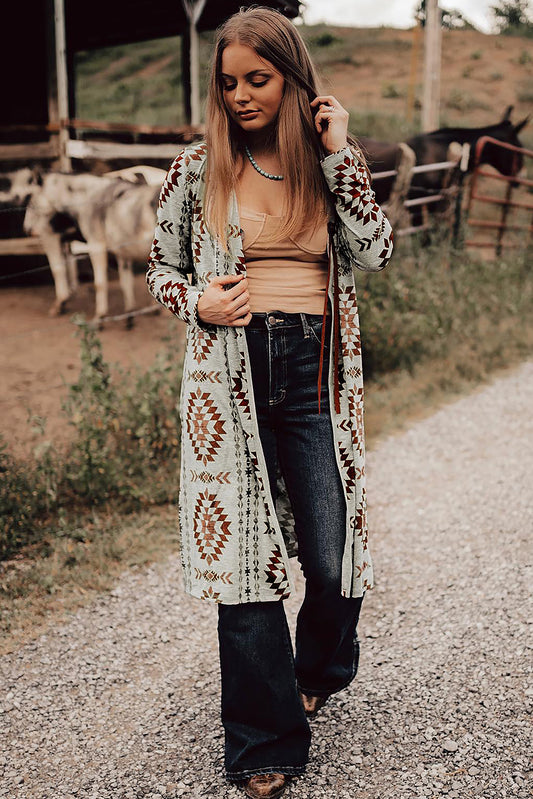 Brown Western Aztec Print Open Front Longline Cardigan – Western Boho Layering Piece