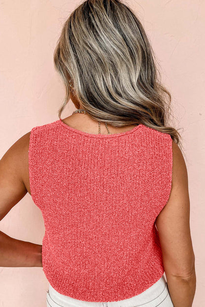 Tomato Red Lace-Up Front V-Neck Sweater Vest – Sleeveless Knit Layering Top