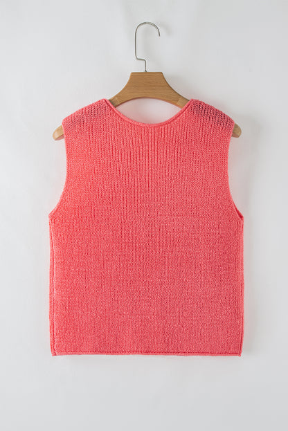 Tomato Red Lace-Up Front V-Neck Sweater Vest – Sleeveless Knit Layering Top
