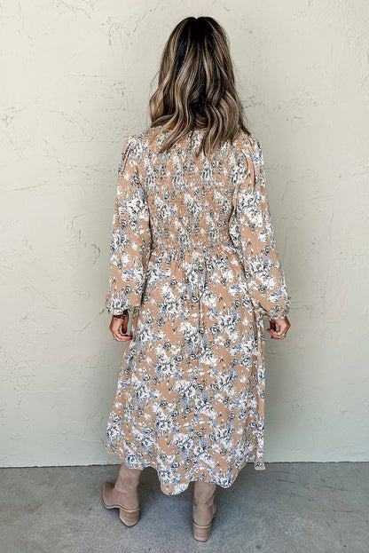 Khaki Maple Grove Floral Smocked Puff Sleeve Maxi Dress
