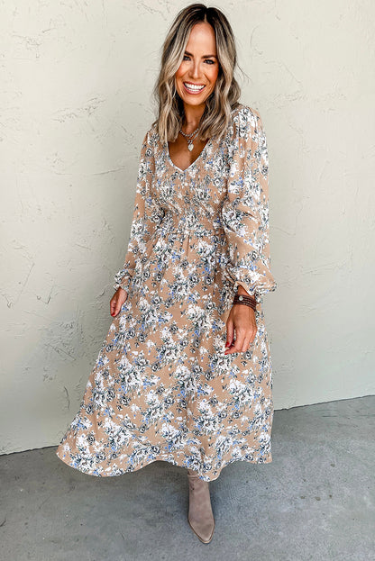Khaki Maple Grove Floral Smocked Puff Sleeve Maxi Dress